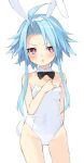  1girl animal_ears bare_shoulders blue_hair bow bowtie breasts bubun_oo fake_animal_ears highres neptune_(series) playboy_bunny power_symbol rabbit_ears rabbit_tail red_eyes short_hair_with_long_locks sidelocks simple_background small_breasts solo symbol-shaped_pupils tail v-shaped_eyebrows white_background white_heart 