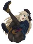  1girl :d ass black_headwear blue_jacket brown_pantyhose cameltoe fate_(series) fur_collar green_eyes highres hugging_own_legs jacket leg_up long_sleeves lord_el-melloi_ii_case_files nomanota panties panties_under_pantyhose pantyhose reines_el-melloi_archisorte simple_background sitting smile solo teeth tongue tongue_out underwear upper_teeth_only white_background 