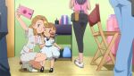  2boys 3girls affectionate aged_up blonde_hair blue_eyes blush chair child closed_mouth dress earrings eyelashes hand_on_another&#039;s_shoulder high_heels holding holding_phone indoors jewelry mixed-language_commentary mother_and_daughter multiple_boys multiple_girls noelia_ponce on_one_knee phone pokemon pokemon_(anime) pokemon_xy_(anime) selfie serena_(pokemon) short_sleeves smile table tile_floor tiles v 