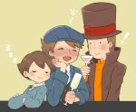  3boys :d ^_^ black_eyes blue_headwear blue_jacket blue_sweater blush brown_hair brown_headwear brown_jacket cabbie_hat closed_eyes closed_mouth collared_shirt commentary_request cup drinking_glass drunk future_luke hand_on_own_chin hand_up hat hershel_layton high_collar highres holding holding_clothes holding_hat jacket kiwami_(kiwamimuneko) leaning_on_person long_sleeves looking_at_another luke_triton male_focus multiple_boys nose_blush open_clothes open_jacket open_mouth orange_sweater professor_layton professor_layton_and_the_unwound_future shirt short_hair sleeping smile sweater top_hat unworn_headwear upper_body white_shirt wine_glass yellow_background 