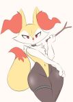  ambiguous_gender anthro braixen fur generation_6_pokemon hidden-cat holding_object holding_stick looking_at_viewer nintendo pokemon pokemon_(species) red_eyes simple_background solo stick thick_thighs yellow_body yellow_fur 