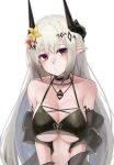  1girl arknights armlet bare_shoulders bikini black_bikini black_choker blush breasts choker cleavage closed_mouth collarbone earrings flower hair_flower hair_ornament highres horns idashige_(walkietalkie) jewelry large_breasts looking_at_viewer mudrock_(arknights) mudrock_(silent_night)_(arknights) necklace official_alternate_costume oripathy_lesion_(arknights) pointy_ears red_eyes simple_background solo swimsuit upper_body white_background yellow_flower 