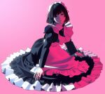  1girl abbystea apron black_dress black_eyes black_hair commentary dress eyebrows_hidden_by_hair full_body highres juliet_sleeves long_bangs long_sleeves looking_at_viewer maid maid_apron maid_headdress medium_hair original puffy_sleeves solo 