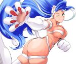  1girl absurdres animal_ears animal_hands ass big_hair blue_hair breasts cat_ears cat_girl cat_tail claws clenched_hand closed_mouth felicia_(vampire) from_side green_eyes highres huge_ass large_breasts long_hair looking_at_viewer looking_to_the_side multicolored_hair one_eye_closed red_nails shisbaku simple_background slit_pupils smile solo streaked_hair tail vampire_(game) white_background white_fur white_hair 