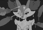  anthro areola azoomer bodily_fluids braixen breasts chest_tuft clothed clothing cum cum_drip cum_on_breasts cum_on_chest cum_on_eyelid cum_on_face dripping ejaculating_on_another ejaculation female generation_6_pokemon genital_fluids genitals greyscale group hand_on_penis holding_penis humanoid_genitalia humanoid_penis inner_ear_fluff monochrome nintendo nipples offscreen_character one_eye_closed orgasm penis pokemon pokemon_(species) small_breasts topless tuft 