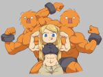  1girl :p abs biceps blonde_hair cuffs f.o.e. flexing long_hair muscular muscular_female muscular_male paladin_(sekaiju) sekaiju_no_meikyuu sekaiju_no_meikyuu_1 shackles sports_bra tongue tongue_out turtleneck 