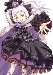  1girl absurdres animal_ears black_dress blonde_hair blunt_bangs cat_ears dress frilled_dress frills fur-trimmed_dress fur_trim gothic_lolita grey_hair highres hololive lolita_fashion long_hair looking_at_viewer murasaki_shion murasaki_shion_(5th_costume) official_alternate_costume outstretched_hand sidelocks smile solo taka_no_oo virtual_youtuber white_background 