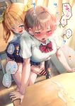  2girls after_ejaculation after_handjob ayanakitori bar_censor blue_eyes blue_skirt blush bow breasts brown_hair censored classroom collared_shirt cum cum_on_desk desk erection futanari hair_between_eyes hand_on_another&#039;s_thigh handjob heart heart-shaped_pupils highres indoors large_breasts multiple_girls open_mouth orange_hair original panties panty_pull penis pleated_skirt purple_eyes reach-around red_bow saliva school_uniform shirt short_hair sidelocks skirt speech_bubble sweat symbol-shaped_pupils tongue tongue_out translation_request two_side_up underwear white_panties white_shirt 