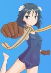  1girl animal_ears black_hair blue_background blue_one-piece_swimsuit blush brave_witches breasts brown_gloves closed_mouth covered_navel dog_ears gloves grey_eyes highres kanno_naoe keicha_(kmoekaki) looking_at_viewer one-piece_swimsuit scarf shiny_skin short_hair simple_background small_breasts smile solo swimsuit world_witches_series 
