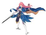  1girl blue_cloak breasts cleavage cloak closed_eyes counter:side esterosa_de_chevalier full_body highres holding holding_sword holding_weapon long_hair official_art pink_hair smile solo sword tachi-e thighhighs transparent_background weapon white_thighhighs 