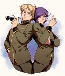  2boys back-to-back blonde_hair blue_background blue_eyes brown_eyes char_aznable closed_mouth cropped_legs garma_zabi green_jacket green_pants gundam hand_up high_collar holding holding_eyewear jacket kade_punch light_blush long_sleeves looking_at_another male_focus mobile_suit_gundam_the_origin multiple_boys outline pants purple_hair short_hair sideways_glance simple_background smirk standing sunglasses watercolor_background white_background white_outline 