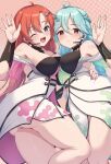  2girls ahoge aqua_hair b.c bare_shoulders blue_eyes blush breasts brown_eyes dress floral_print gloves hair_ornament hairclip highres large_breasts long_hair looking_at_viewer multiple_girls no_panties one_eye_closed partially_fingerless_gloves red_hair shinonome_kokona shinonome_natsuhi siblings simple_background sisters sound_voltex twins white_dress 