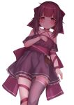  1girl arm_ribbon bare_shoulders blush chocolate choker commentary dress english_commentary fallenshadow flat_chest food-themed_ornament highres indie_virtual_youtuber john_zhang leg_ribbon looking_at_viewer off-shoulder_dress off_shoulder pink_eyes pout purple_dress purple_hair ribbon short_hair simple_background single_thighhigh single_wrist_cuff solo thighhighs virtual_youtuber white_background wrist_cuffs wrist_ribbon 