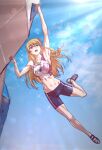  1girl bike_shorts blonde_hair blue_eyes blush climbing climbing_wall cloud highres iwakakeru!_sport_climbing_girls long_hair navel sky watanabe_yoshihiro yotsuba_sayo 