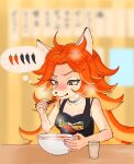  2023 5_fingers adrina_(dislyte) anthro biped blush bodily_fluids canid canine clothed clothing collar dislyte eating female fingers food fox fur hair hi_res kinarikaho long_hair mammal noodles orange_hair ramen shirt solo sweat tan_body tan_fur tank_top thought_bubble topwear 