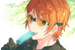  1boy billy_wise black_gloves blue_eyes blush close-up commentary_request food food_in_mouth gloves goggles hand_up helios_rising_heroes highres holding holding_food holding_popsicle looking_at_viewer male_focus open_mouth orange_hair partial_commentary popsicle popsicle_in_mouth sekina short_hair solo sweat teeth 