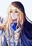  1boy absurdres amai_amanogawa arm_at_side ascot blonde_hair blue_ascot blue_brooch blue_eyes blurry brooch cape closed_eyes depth_of_field eyelashes facing_viewer fate/grand_order fate_(series) feathers film_grain grey_background hair_between_eyes highres jacket jewelry kirschtaria_wodime light_smile long_hair long_sleeves looking_to_the_side male_focus simple_background solo upper_body white_cape white_feathers white_jacket 