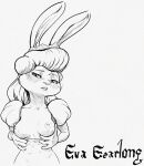  2023 anthro areola biped black_and_white blush breasts buckteeth clothed clothing dress epic_games eva_earlong female hair hi_res jazz_jackrabbit_(series) lagomorph leporid line_art long_hair looking_at_viewer mammal monochrome nipples partially_clothed presenting presenting_breasts rabbit sabrotiger simple_background solo standing teeth white_background 