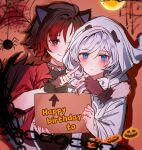  2girls absurdres akane031 animal_ears arm_around_shoulder black_hair blue_eyes bug chain closed_mouth collar english_text fake_animal_ears fake_tail fingerless_gloves ghost ghost_costume gloves gradient_hair halloween halloween_costume heart heart-shaped_eyes highres holding holding_sign jack-o&#039;-lantern jack-o&#039;-lantern_ornament multicolored_hair multiple_girls pumpkin red_hair red_shirt ruby_rose rwby scar scar_across_eye shirt short_hair sign silk spider spider_web spiked_collar spikes tail weiss_schnee white_hair 