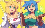  2girls animal_ears black_choker blonde_hair blue_hair breasts brown_gloves capelet choker cleavage commentary_request fang gloves green_eyes holding holding_staff large_breasts long_hair looking_at_viewer metata multiple_girls navel open_mouth rpg_maker short_hair staff upper_body white_capelet white_gloves yellow_background 