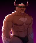  1boy abs animal_ears artist_name bara bare_pectorals bare_shoulders black_male_swimwear brown_fur camouflage camouflage_headwear chest_hair closed_mouth commentary cow_ears cow_horns facial_hair furry furry_male goatee gradient_background headband highres horns large_pectorals leaf looking_to_the_side male_focus male_swimwear minotaur mouth_hold muscular muscular_male nipples pectorals purple_background purple_eyes purple_horns shennong_(housamo) short_hair signature smile solo stalk_in_mouth swim_briefs thick_thighs thighs tokyo_afterschool_summoners toragoru undressing upper_body white_fur white_hair 