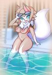  anthro areola blue_eyes blush breasts brown_body female generation_7_pokemon genitals hi_res looking_at_viewer lycanroc midday_lycanroc nachan nintendo nipples pokemon pokemon_(species) pussy solo swimming_pool white_body 
