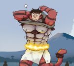  anthro anthro_transformation black_hair black_nipples clothing fangs front_view fur generation_7_pokemon growth hair hands_behind_head hi_res hot_spring human human_to_anthro incineroar male male/male mammal mount_fuji muscular muscular_anthro muscular_male nintendo nipples onsen pecs pink_nose pokemon pokemon_(species) sky_background solo species_transformation speech_bubble standing tail taitora teeth towel towel_around_waist transformation water 