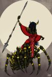  arachnid arthropod black_body black_skin blue_hair demon fantasy female hair hi_res kumo_(shevron) melee_weapon monster polearm red_eyes spear spider weapon ziegelzeig 