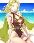  1girl absurdres beach blonde_hair breasts covered_navel fire_emblem fire_emblem:_the_sacred_stones fire_emblem_heroes green_eyes highres large_breasts official_alternate_costume on_ground parted_bangs selena_(fire_emblem:_the_sacred_stones) selena_(summer)_(fire_emblem:_the_sacred_stones) truejekart 
