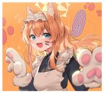  1girl absurdres animal_hands apron black_dress blue_archive blue_eyes border breasts bug dress flying_sweatdrops gloves hair_between_eyes halo highres kurobi_(netisz) long_hair long_sleeves looking_at_viewer mari_(blue_archive) open_mouth orange_hair paw_gloves small_breasts smile solo speech_bubble translation_request white_apron white_border white_gloves yellow_halo 