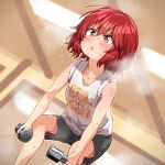  1girl :o black_shorts blush breasts collarbone dumbbell dutch_angle exercise feet_out_of_frame gojarun idolmaster idolmaster_cinderella_girls indoors murakami_tomoe red_hair shirt shorts sleeves_rolled_up small_breasts solo steam steaming_body sweatdrop twitter_username v-shaped_eyebrows weightlifting white_shirt 