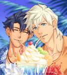  2boys alternate_costume bara black_hair blue_eyes closed_eyes collarbone drinking drinking_straw drinking_straw_in_mouth fate/grand_order fate_(series) fujimaru_ritsuka_(male) hair_between_eyes hawaiian_shirt highres implied_yaoi looking_at_viewer male_focus milkshake multiple_boys muscular muscular_male orange_shirt percival_(fate) shirt short_hair smile twitter_username white_hair yaekaidou 