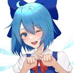  1girl ahoge blue_eyes blue_hair cirno commentary crossed_fingers detached_wings highres ice ice_wings looking_at_viewer one_eye_closed short_hair simple_background solo touhou umeko_81 upper_body white_background wings 