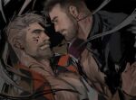  2boys bara beard black_hair blush chest_hair david_king_(dead_by_daylight) dead_by_daylight dopey_(dopq) eye_contact facial_hair from_side full-body_tattoo goatee grey_hair hand_on_another&#039;s_arm jacket large_pectorals long_sideburns looking_at_another male_focus mature_male multiple_boys muscular muscular_male neck_tattoo old old_man open_clothes open_jacket pectoral_cleavage pectorals scar scar_across_eye short_hair sideburns tattoo thick_eyebrows thick_mustache undercut upper_body vittorio_toscano yaoi 