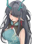  1girl arknights bare_shoulders black_hair breasts china_dress chinese_clothes dragon_girl dragon_horns dress dusk_(arknights) dusk_(everything_is_a_miracle)_(arknights) earrings eyes_visible_through_hair green_dress hair_over_one_eye highres horns jewelry jinn3 long_hair medium_breasts official_alternate_costume pointy_ears red_eyes simple_background sleeveless sleeveless_dress solo tassel tassel_earrings very_long_hair white_background 