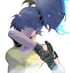  1girl blue_eyes blue_hair breasts cofffee dog_tags earrings gloves jewelry leona_heidern light_particles ponytail simple_background solo tank_top the_king_of_fighters the_king_of_fighters_xv white_background yellow_tank_top 