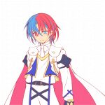  1boy alear_(fire_emblem) alear_(male)_(fire_emblem) belt belt_buckle black_belt black_gloves blue_eyes blue_hair blush bow buckle cape closed_mouth fire_emblem fire_emblem_engage gloves hair_between_eyes heterochromia highres jacket long_sleeves male_focus multicolored_hair pants red_cape red_eyes red_hair sasaki_fumi shirt simple_background smile solo two-tone_hair watermark white_background white_bow white_jacket white_pants white_shirt 