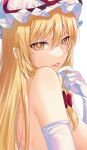  1girl blonde_hair elbow_gloves gloves hat highres kirisita lips long_hair looking_at_viewer mob_cap nude sidelocks smile solo touhou very_long_hair white_gloves yakumo_yukari yellow_eyes 