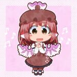  1girl animal_ears beamed_sixteenth_notes bird_ears bird_wings black_footwear blush brown_dress brown_eyes brown_headwear brown_pantyhose collared_shirt dress eighth_note full_body hat long_sleeves matty_(zuwzi) musical_note mystia_lorelei open_mouth pantyhose pink_hair shirt shoes short_hair sleeve_garter smile solo touhou white_shirt white_wings winged_footwear winged_hat wings 