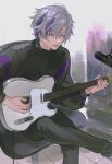  1boy black_gloves black_kimono commentary_request electric_guitar fuwa_minato gloves guitar instrument japanese_clothes kimono long_hair makeup male_focus moimirr multicolored_hair music nijisanji on_chair playing_instrument purple_eyes purple_hair red_hair sitting solo virtual_youtuber 