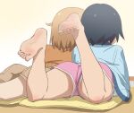  2girls ass barefoot black_hair blonde_hair breasts feet haruyama_kazunori hodaka_natsumi houkago_teibou_nisshi legs lying multiple_girls panties pillow short_hair shorts tsurugi_hina underwear upshorts white_panties 