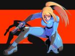  1girl black_background blonde_hair blue_bodysuit blue_eyes bodysuit breasts full_body gun highres holding holding_gun holding_weapon ishigaki02 large_breasts looking_at_viewer metroid parted_lips ponytail red_background samus_aran solo twitter_username two-tone_background weapon zero_suit 