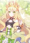  1girl bare_shoulders blonde_hair celine_(fire_emblem) commentary_request crown dfhnokenbutu dress fire_emblem fire_emblem_engage green_dress green_eyes hand_up highres long_hair looking_at_viewer sleeveless sleeveless_dress smile solo upper_body very_long_hair 