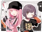  ! 1girl 1other akiyama_mizuki androgynous baseball_cap battery_indicator black_background black_choker black_headwear black_shirt black_stripes bob_cut bokutachi_no_seizon_tousou_(project_sekai) border brown_eyes brown_hair casual choker closed_mouth collarbone drop_shadow eyes_visible_through_hair framed grey_background grid grid_background hair_down hand_in_own_hair hand_on_own_head hat highres jewelry layered_sleeves light_frown long_hair long_sleeves looking_at_viewer multicolored_background multicolored_shirt necklace no_nose official_alternate_costume official_alternate_hairstyle one_eye_closed open_mouth outline outside_border paw_print pink_eyes pink_hair pink_shirt print_shirt project_sekai recording sapri shinonome_ena shirt short_hair short_over_long_sleeves short_sleeves sleeves_past_wrists straight_hair streetwear striped striped_shirt t-shirt twitter_username upper_body viewfinder watermark white_border white_outline white_stripes 