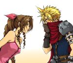  1boy 1girl aerith_gainsborough armor arms_behind_back bare_shoulders blonde_hair blue_shirt blush braid braided_ponytail breasts brown_gloves brown_hair buttons choker cleavage cloak cloud_strife covering_face curly_hair dress earrings final_fantasy final_fantasy_vii fingerless_gloves gloves gradient_background green_eyes hair_between_eyes hair_ribbon jewelry kingdom_hearts leaning_forward long_hair looking_at_another materia medium_breasts parted_bangs pink_dress pink_ribbon popochan-f red_cloak ribbon ribbon_choker shirt short_hair shoulder_armor shoulder_spikes sidelocks single_braid single_earring sleeveless sleeveless_dress sleeveless_shirt smile spaghetti_strap spiked_hair spikes upper_body 