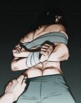  2boys arms_behind_back bandages bara black_hair boku_no_hero_academia butt_crack clothes_pull eraser_head_(boku_no_hero_academia) facial_hair from_below glaring hair_over_one_eye highres long_hair looking_at_viewer male_focus multiple_boys pants pants_pull pov pov_hands smokerichi solo_focus stubble toned toned_male topless_male undressing_another yaoi 