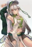  1girl absurdres arknights armpits arms_behind_head arms_up black_shorts breasts closed_mouth fartooth_(arknights) feather_hair grey_background grey_hair hat highres kaguura_(kagu) long_hair looking_at_viewer medium_breasts midriff navel official_alternate_costume shorts simple_background sitting solo wariza yellow_eyes 