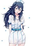  1girl alternate_costume ameno_(a_meno0) arms_behind_back belt blue_belt blue_eyes commentary_request family_crest fire_emblem fire_emblem_awakening flat_chest hat heart long_hair looking_at_viewer lucina_(fire_emblem) nurse nurse_cap parted_lips smile solo symbol-shaped_pupils white_background 