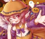  1girl animal_ears argyle argyle_background arinu bare_shoulders bird_ears bird_wings blush blush_stickers breasts candy cleavage cropped detached_collar detached_sleeves doughnut dress earrings fang feathered_wings fingernails food frilled_dress frills green_nails hair_between_eyes halloween hat jack-o&#039;-lantern jewelry large_breasts mochi_(touhou) mystia_lorelei nail_polish one_eye_closed open_mouth orange_dress orange_headwear pink_eyes pink_hair purple_sleeves short_hair single_earring skin_fang sleeve_garter smile solo touhou white_wings wide_sleeves winged_hat wings 