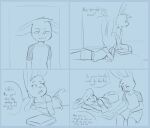  agidyne anthro bed book comic cousins_(lore) disappointed duo female freckles furniture head_on_arm head_tuft hi_res lagomorph leporid lying male mammal on_bed on_front rabbit rose_(agidyne) shoulderless_topwear sitting stephen_(agidyne) tail tail_tuft tuft 